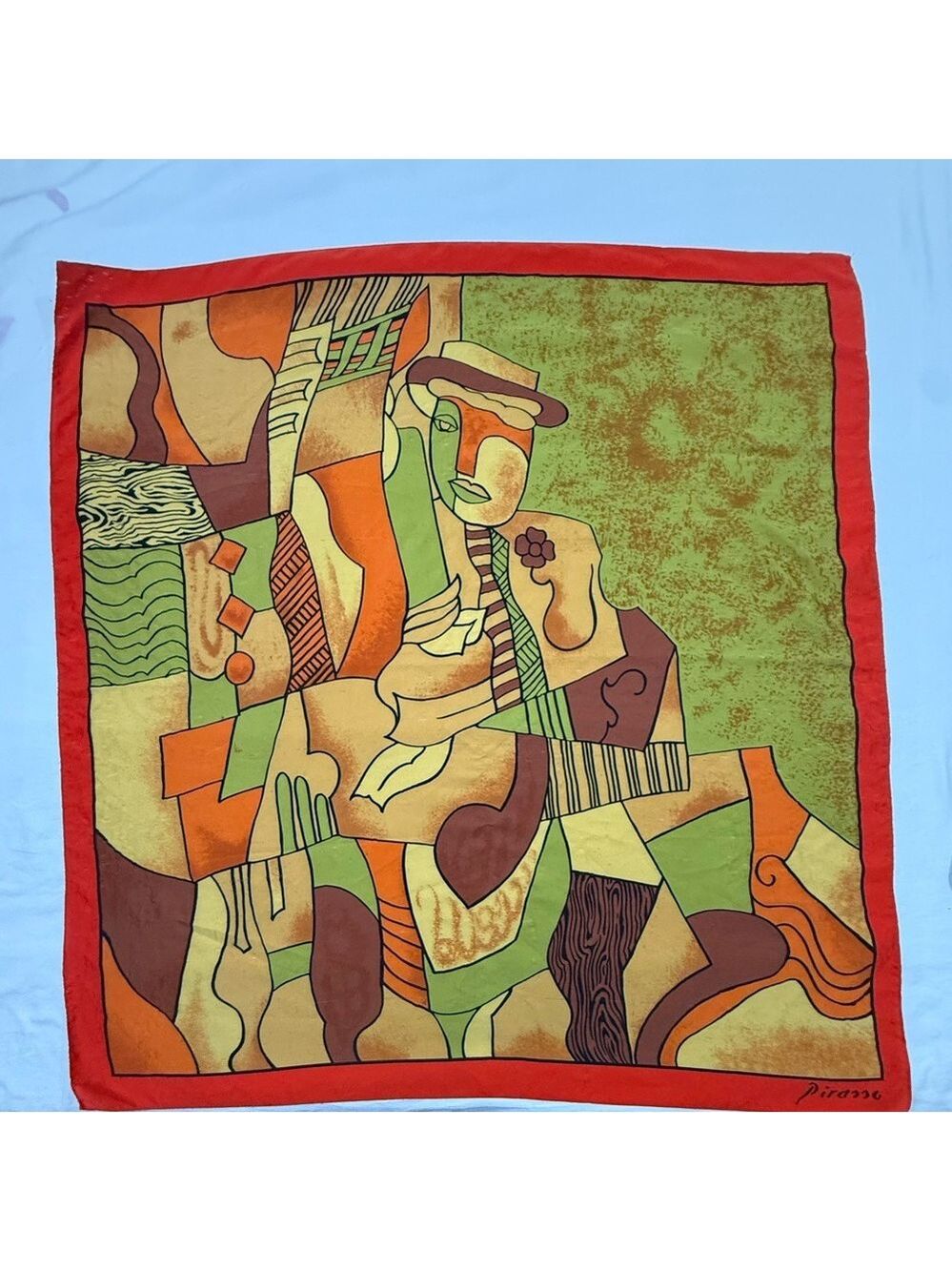 Picasso Style Art Scarf 33x35 Abstract Print Red Border Boho Wrap